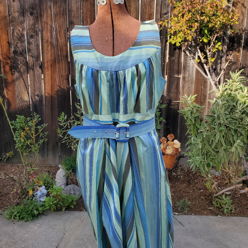 Miss Candyfloss Lacey Azure Sleeveless Striped Blue & Green Midi Dress with Belt